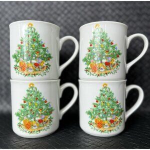 Vintage Schmidt Porcelana Christmas Coffee Mug Cup Christmas Tree 8oz Set Of 4